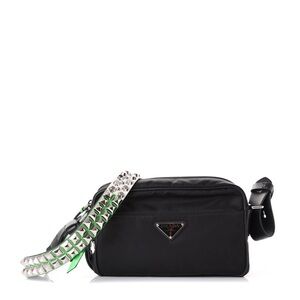 ISO Prada Tessuto Vela Studded Black Crossbody Bag with Green Leather studded